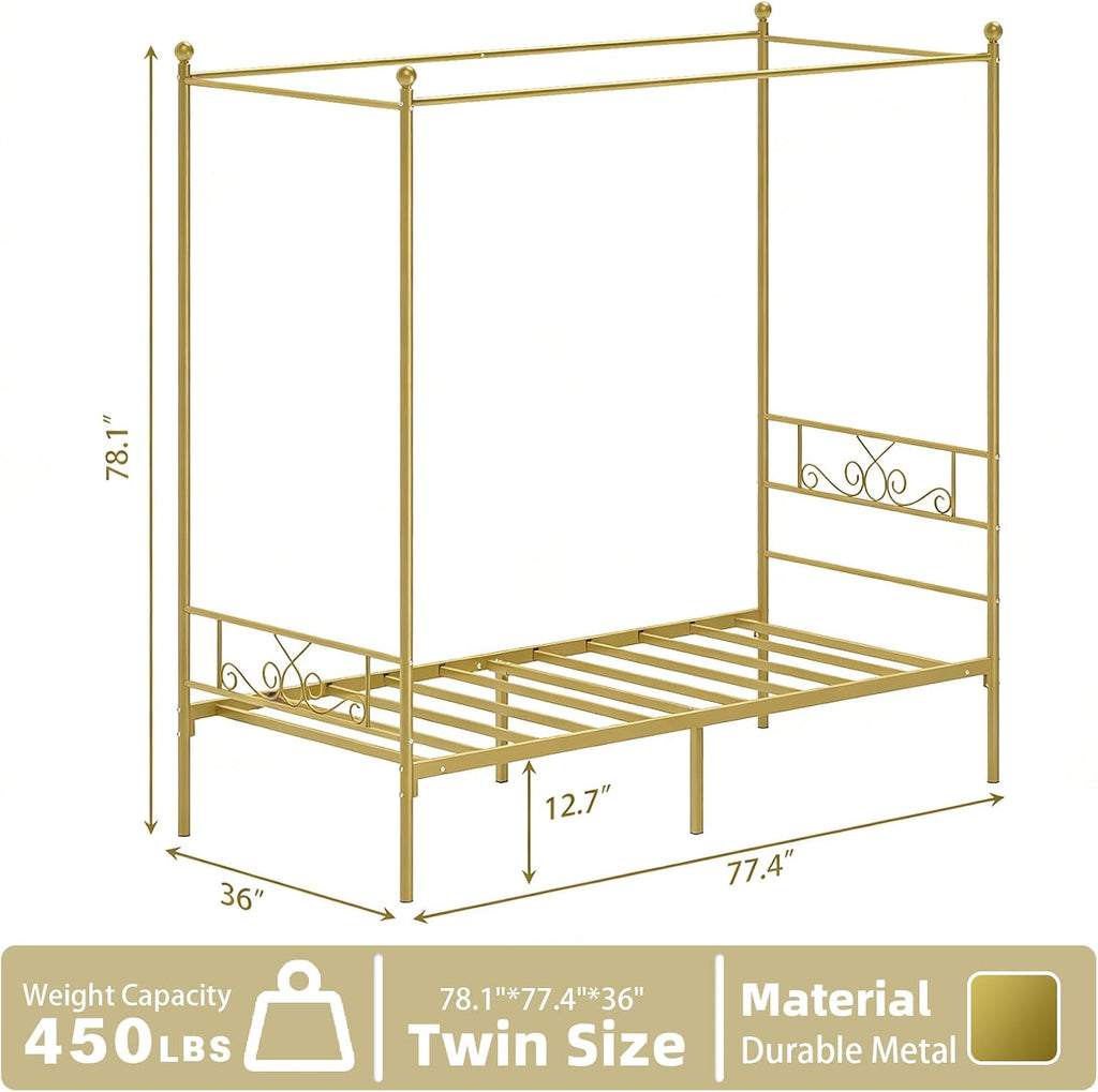 Twin Gold Metal Four Poster Canopy Bed Frame