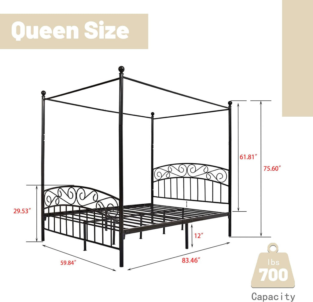 Queen Black Four Poster Metal Canopy Bed Frame