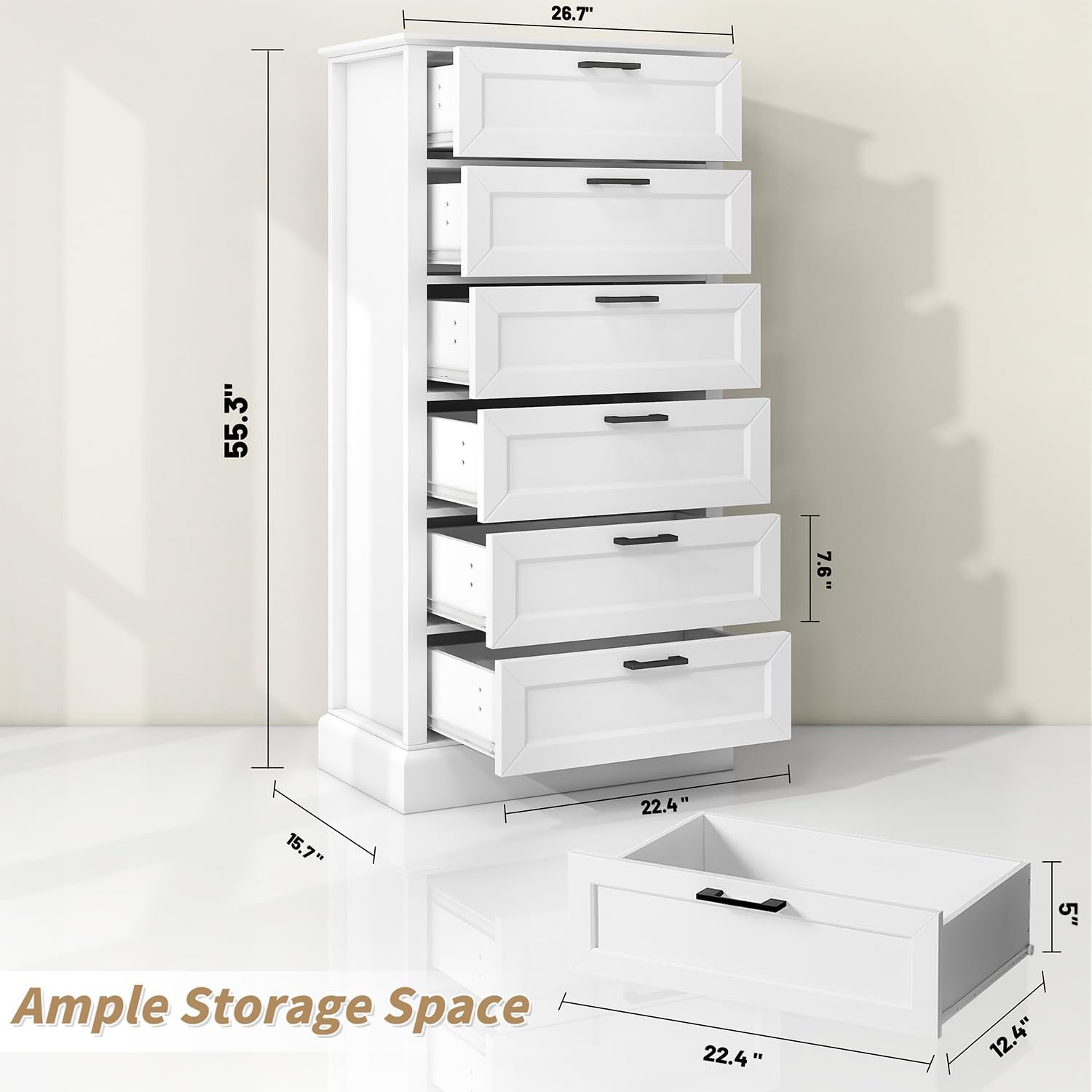 White 6-Drawer Tall Wooden Dresser