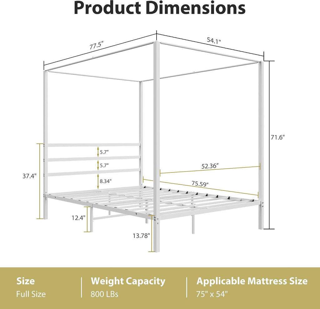 Full Size White Metal Canopy Bed Frame