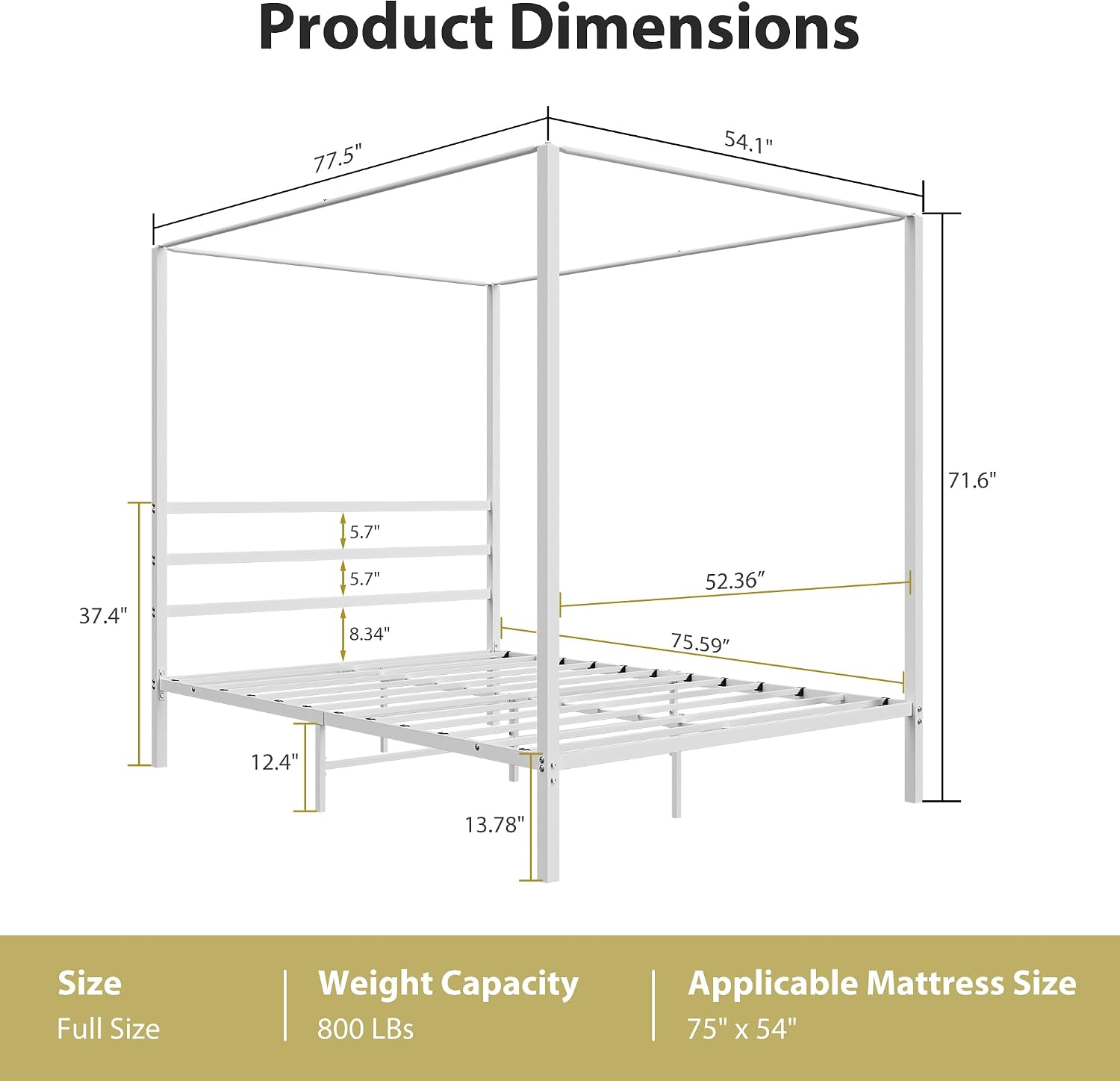 Full Size White Metal Canopy Bed Frame