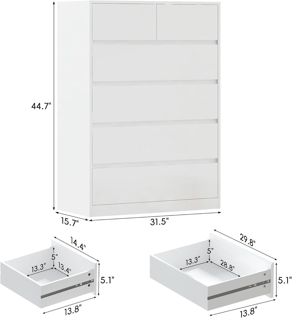 High Gloss Handleless 6-Drawer White Dresser