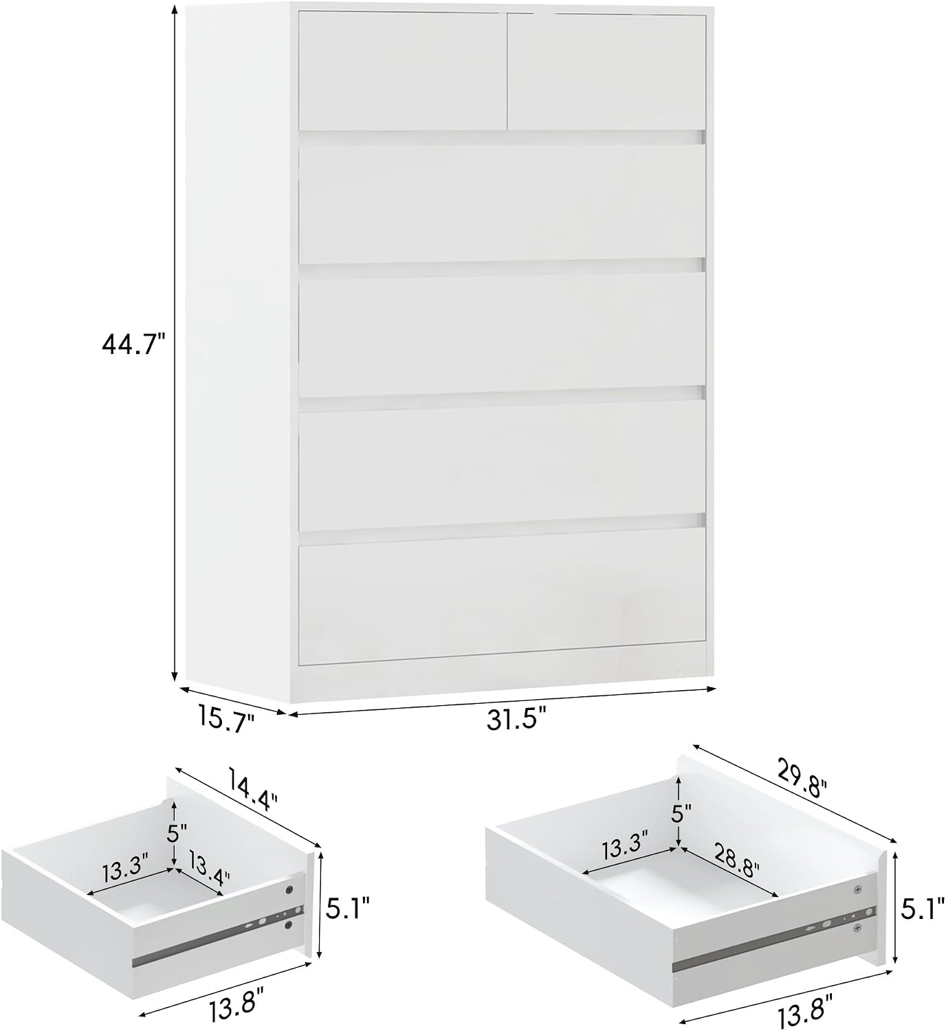 High Gloss Handleless 6-Drawer White Dresser