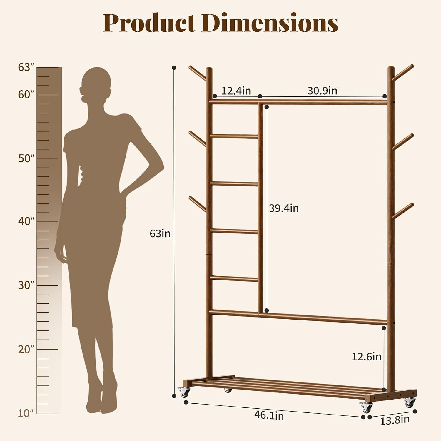 Wood Rolling Garment Rack with Storage