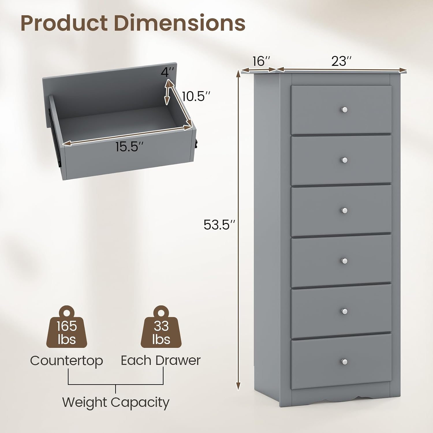 Wood Tall Dresser with 6 Drawers