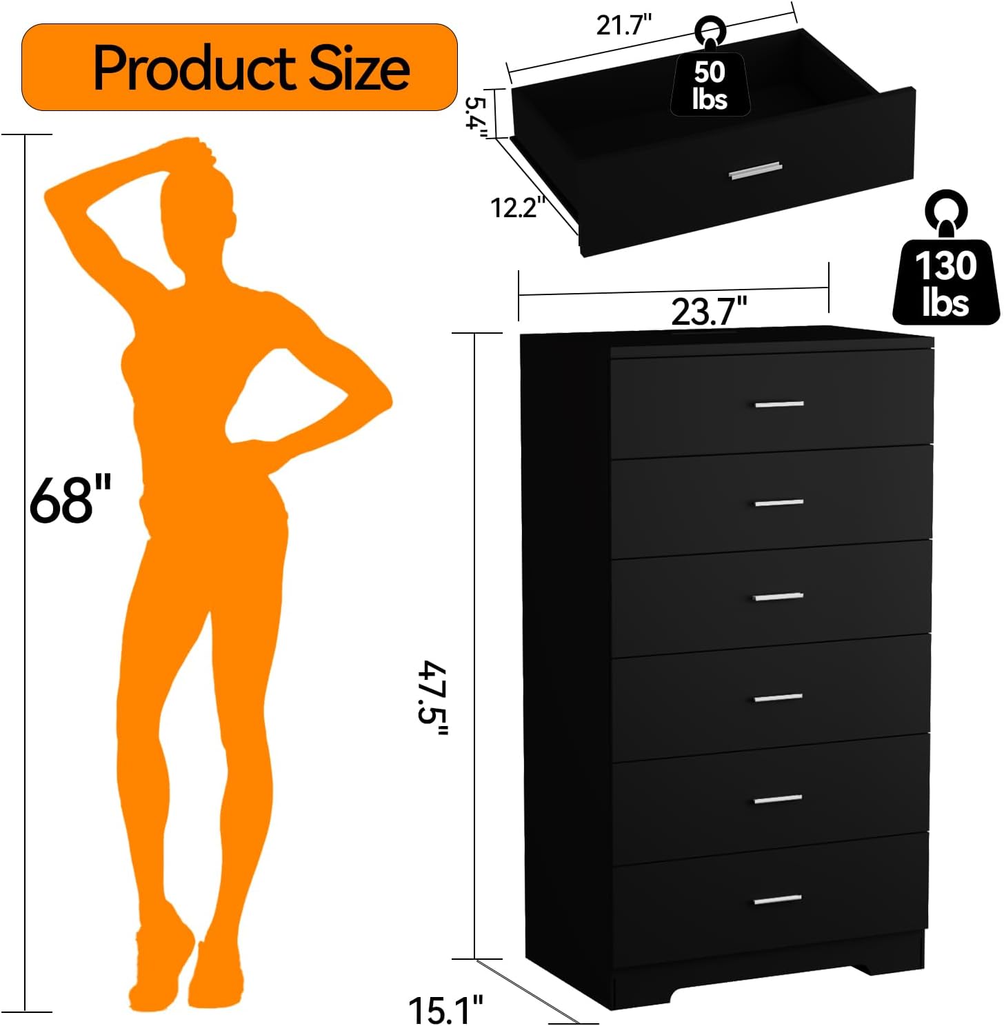 Black 6-Drawer Dresser with Power Outlets