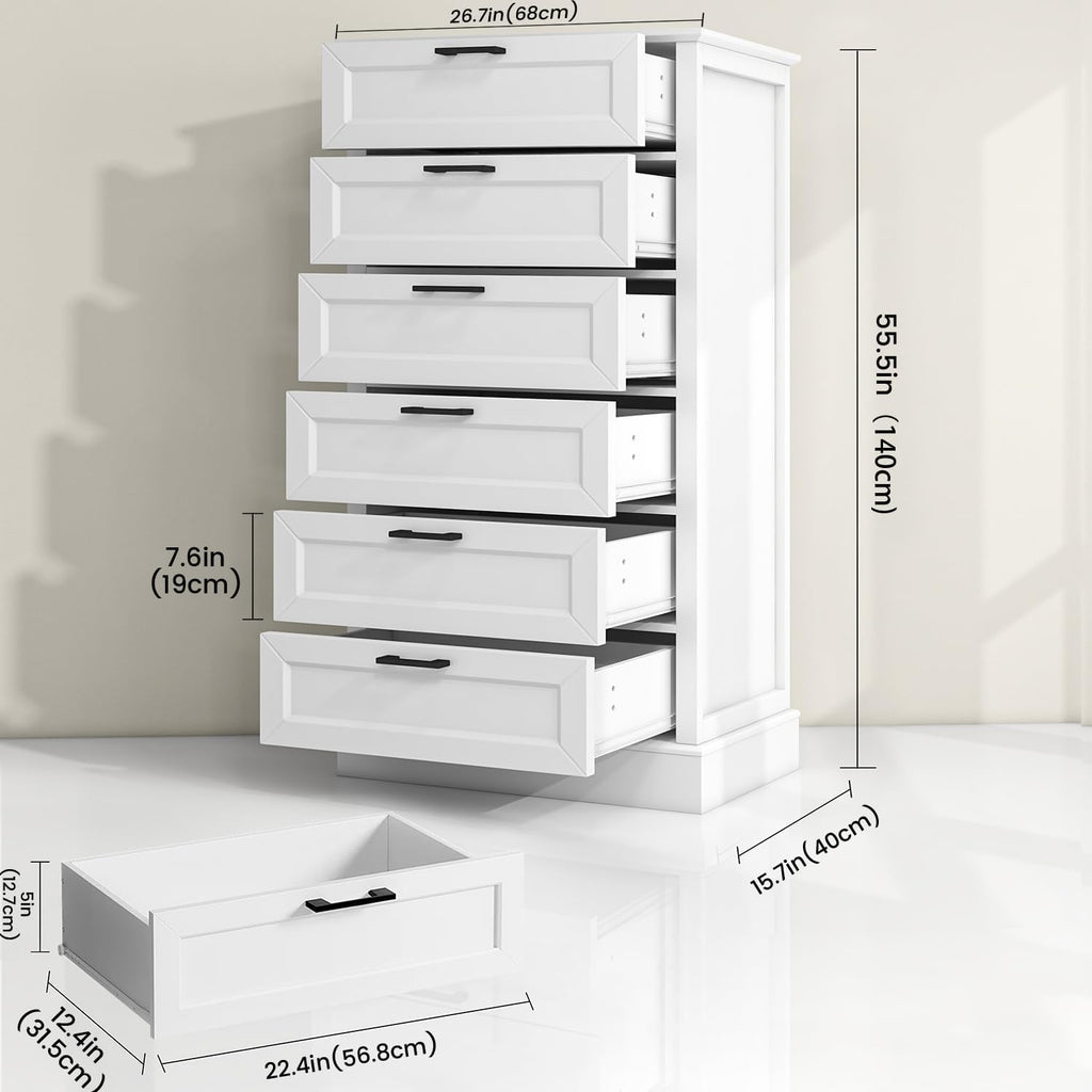 Farmhouse White 6-Drawer Tall Dresser