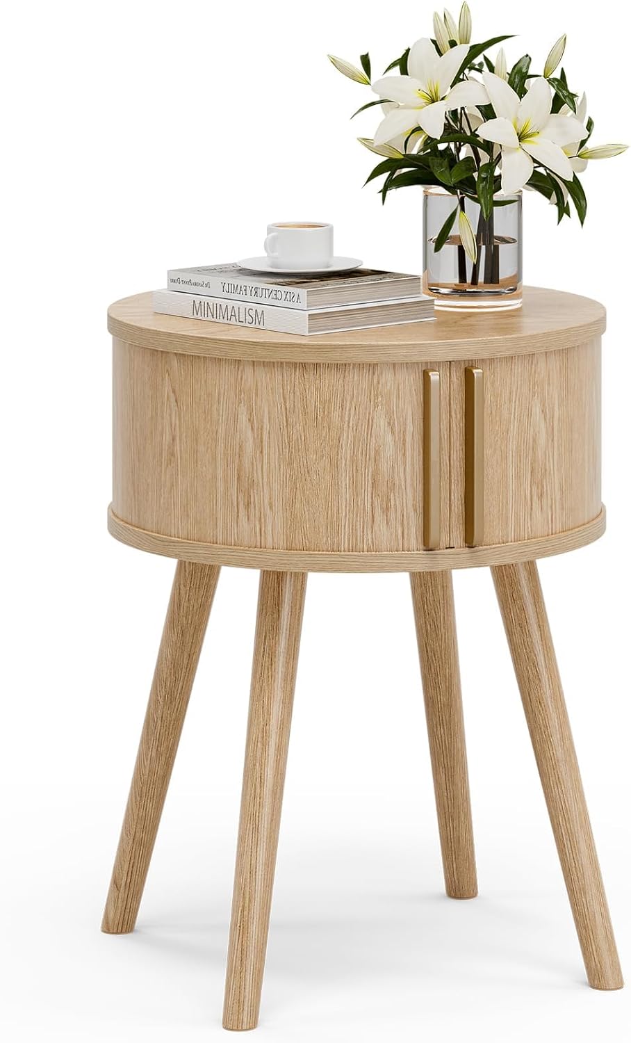 Round Side Table Sliding Doors Natural Wood