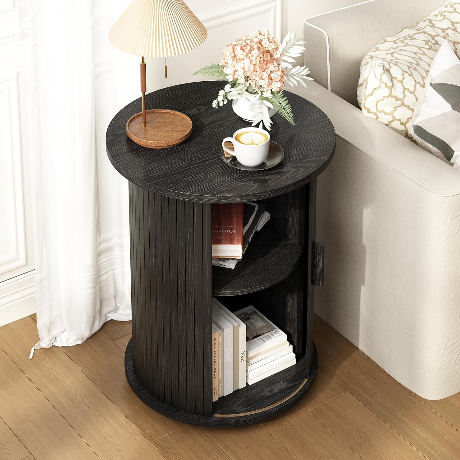2-Tier Fluted Round Pedestal Side Table Black