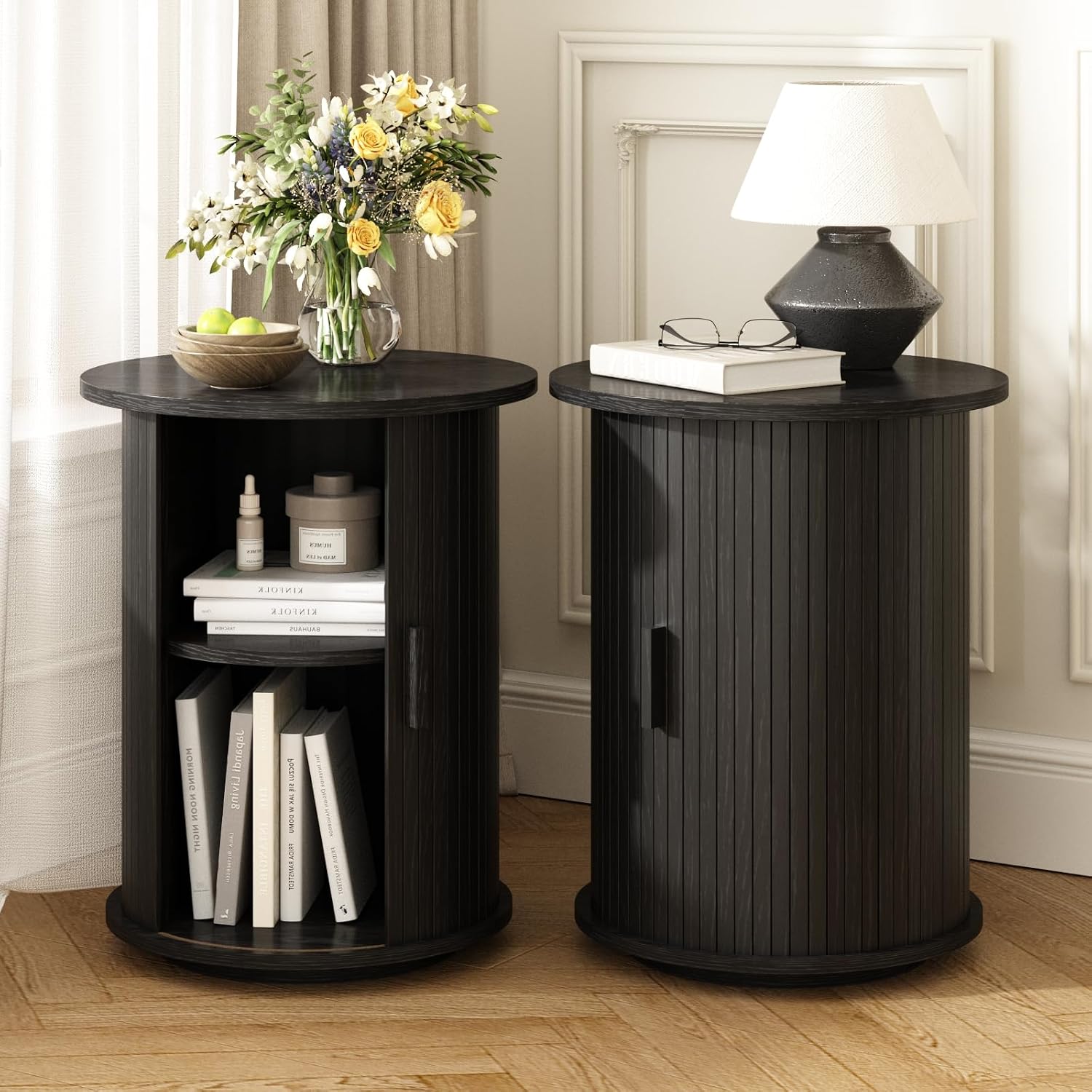 2-Tier Fluted Round Pedestal Side Table Black