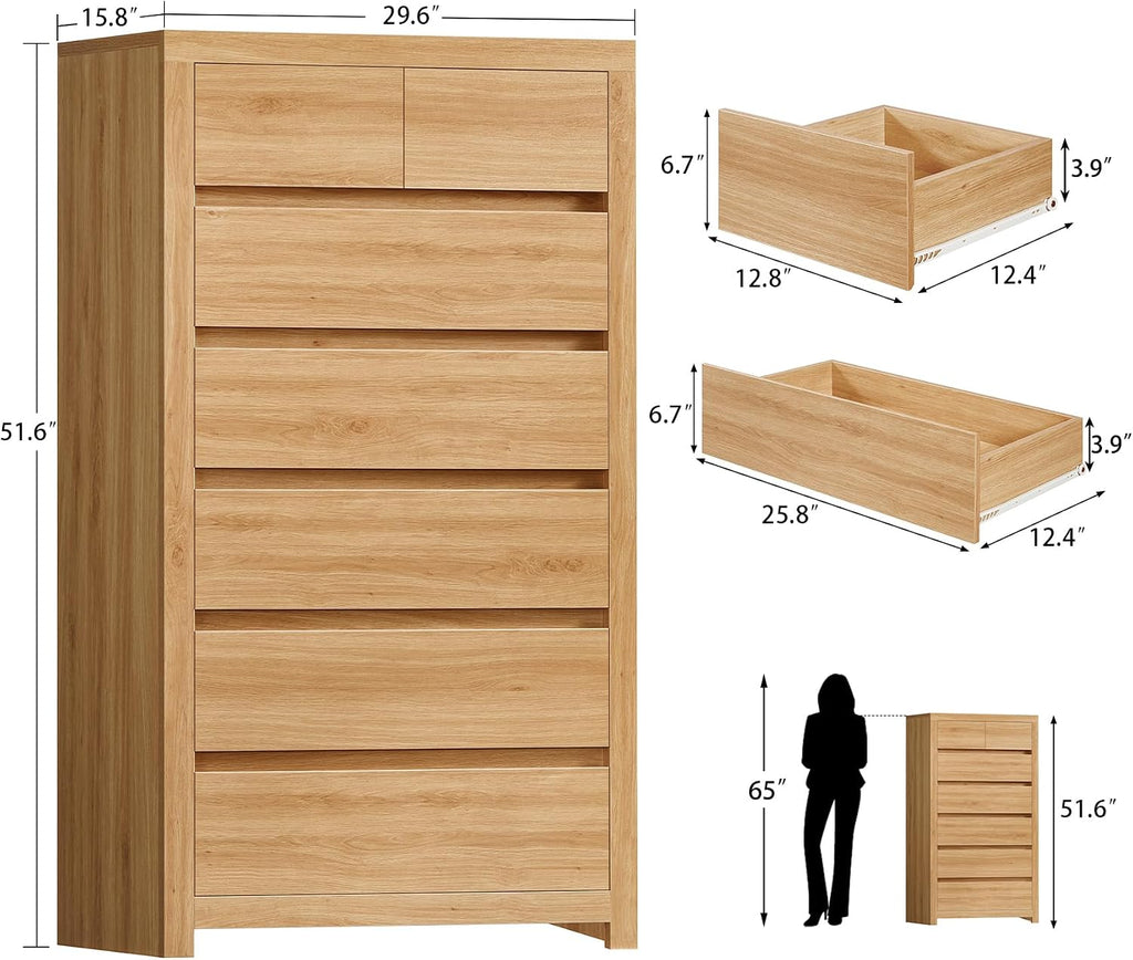 7-Drawer Wooden Tall Dresser Natural