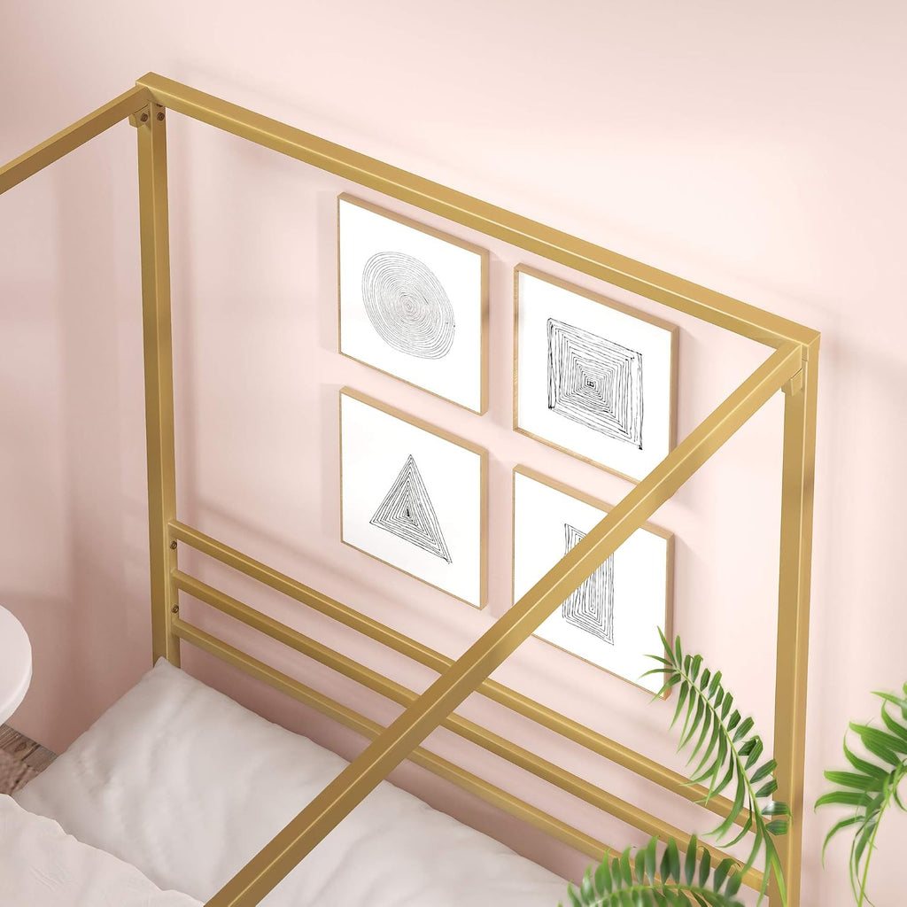 Queen Gold Metal Canopy Platform Bed Frame