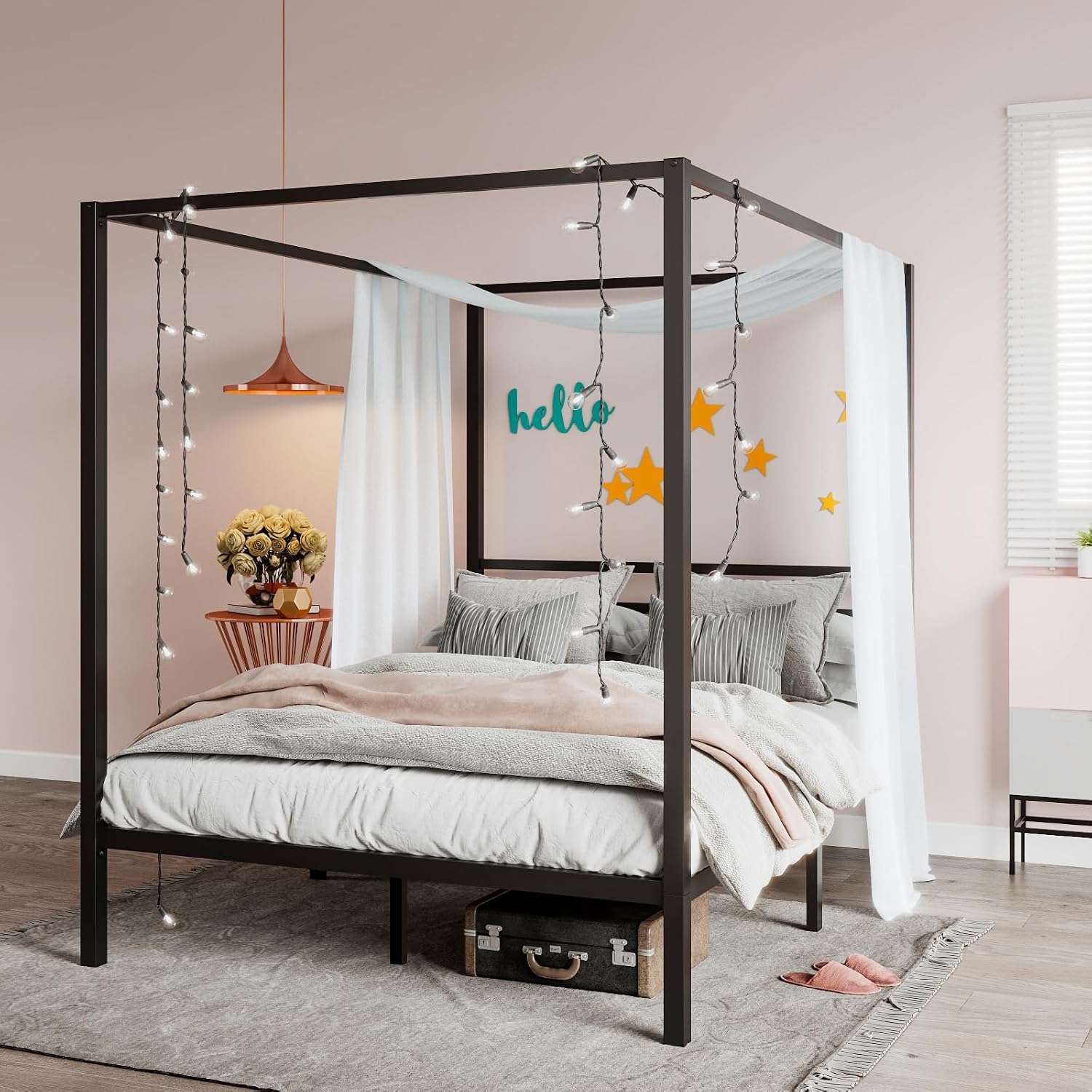 Queen Black Metal Four Poster Canopy Bed Frame