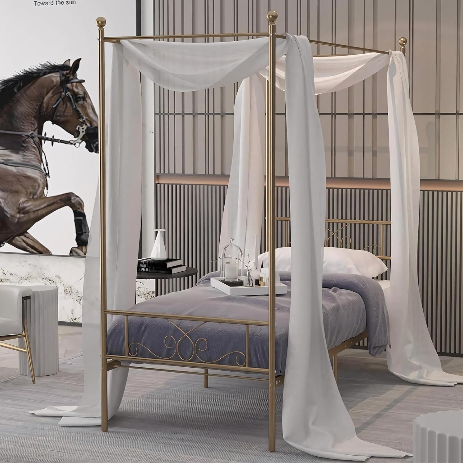 Twin Gold Metal Four Poster Canopy Bed Frame