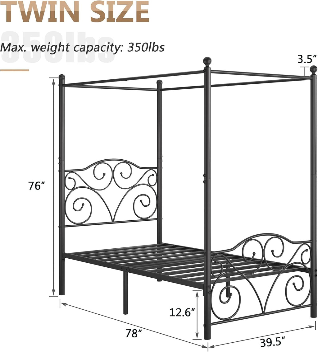 Twin Black Metal Four Poster Canopy Bed Frame