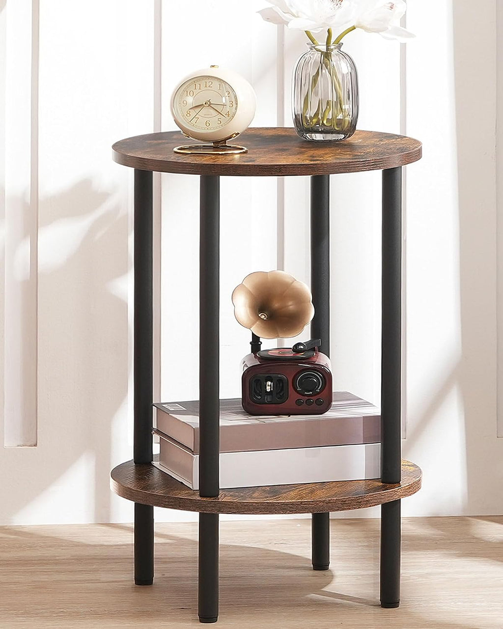 2-Tier Round Metal Frame Side Table Rustic Brown
