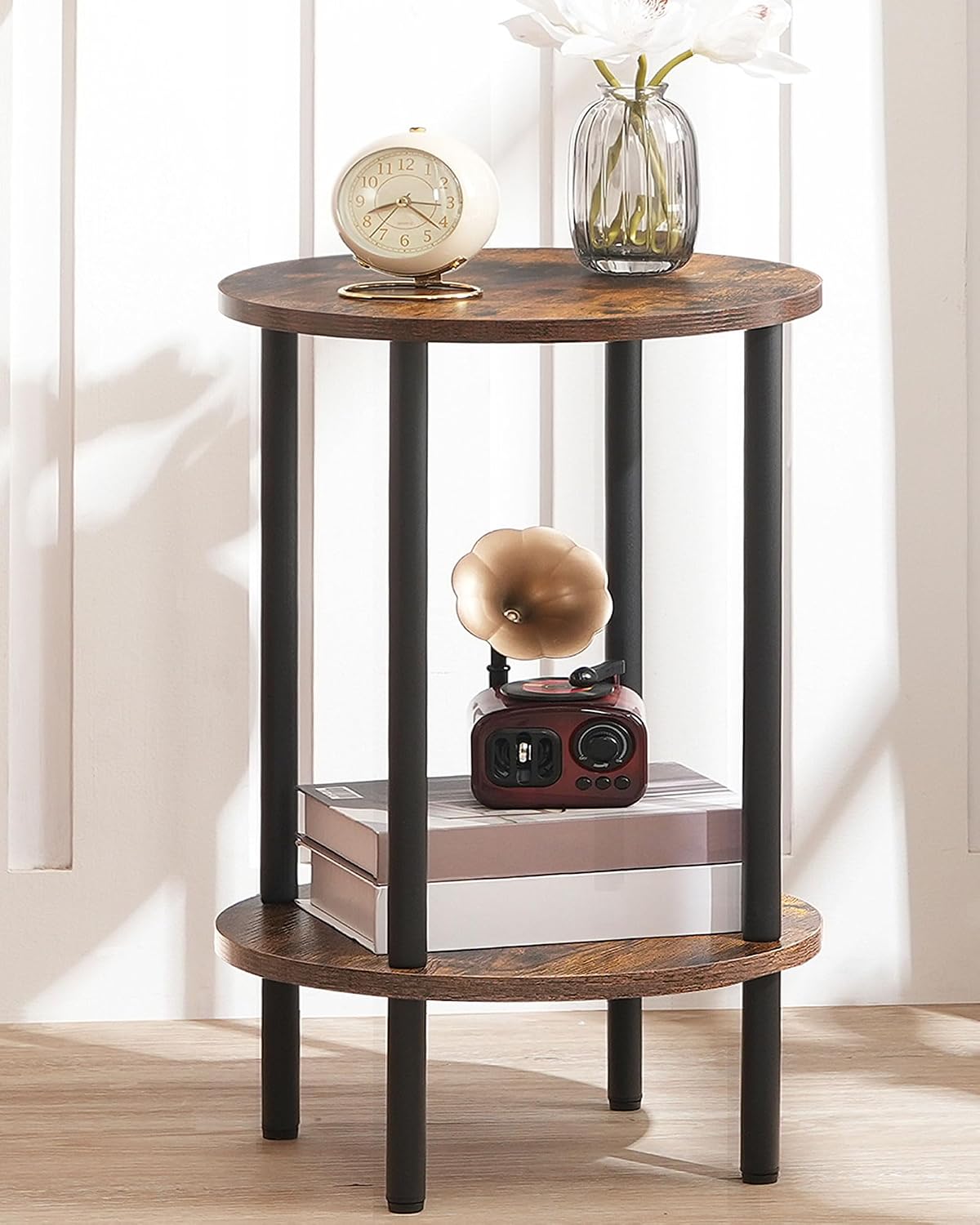 2-Tier Round Metal Frame Side Table Rustic Brown