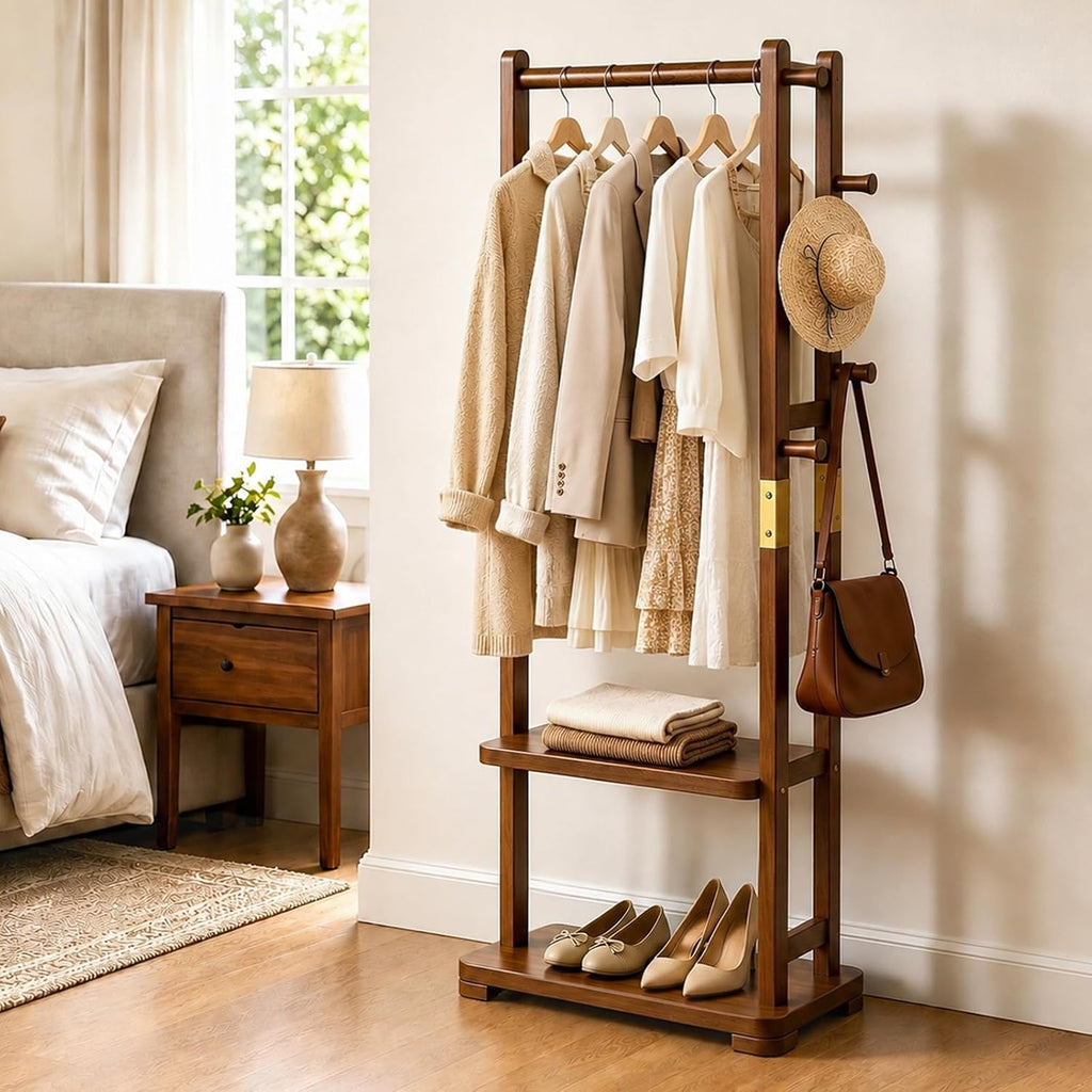 Wood Hall Tree Coat Rack with Shelves