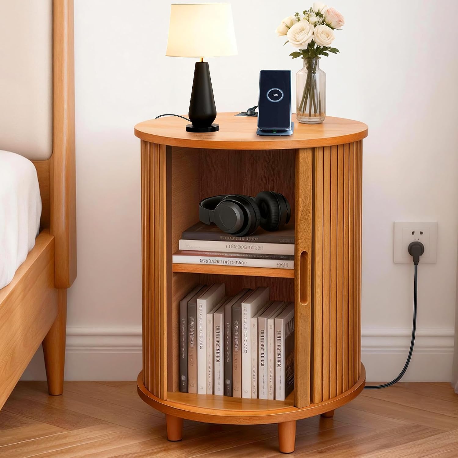 Fluted Round Side Table Charging Station Yellow Walnut