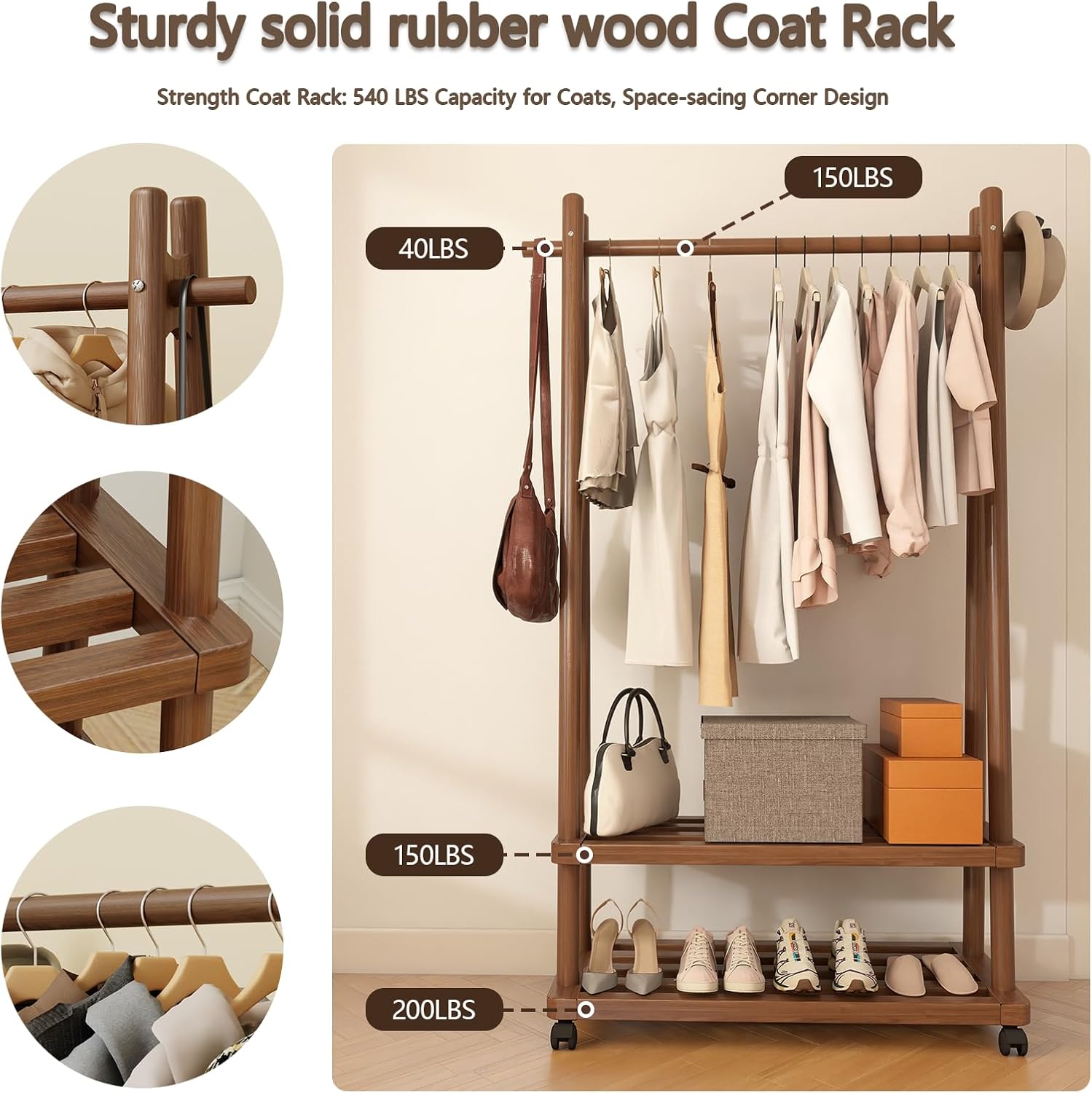Wood Rolling Garment Rack Walnut