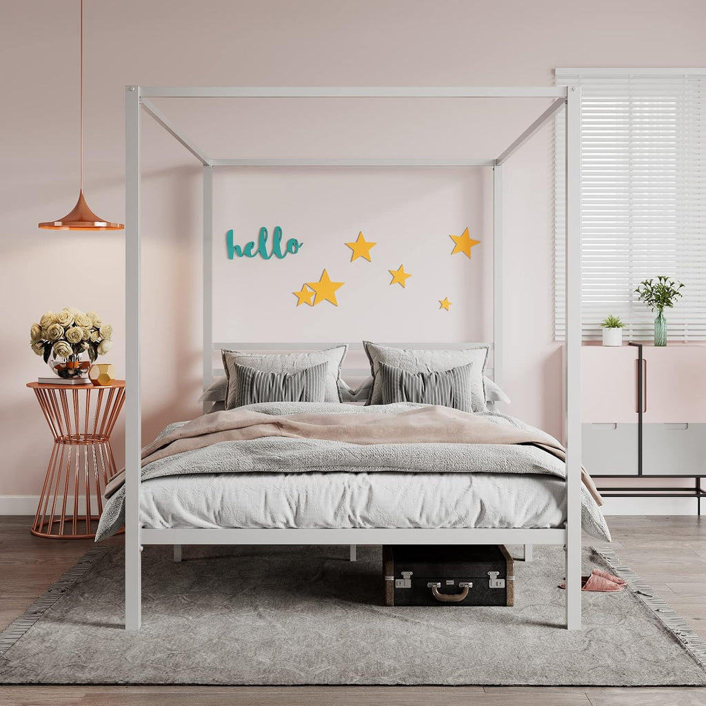 Queen White Metal Four Poster Canopy Bed Frame