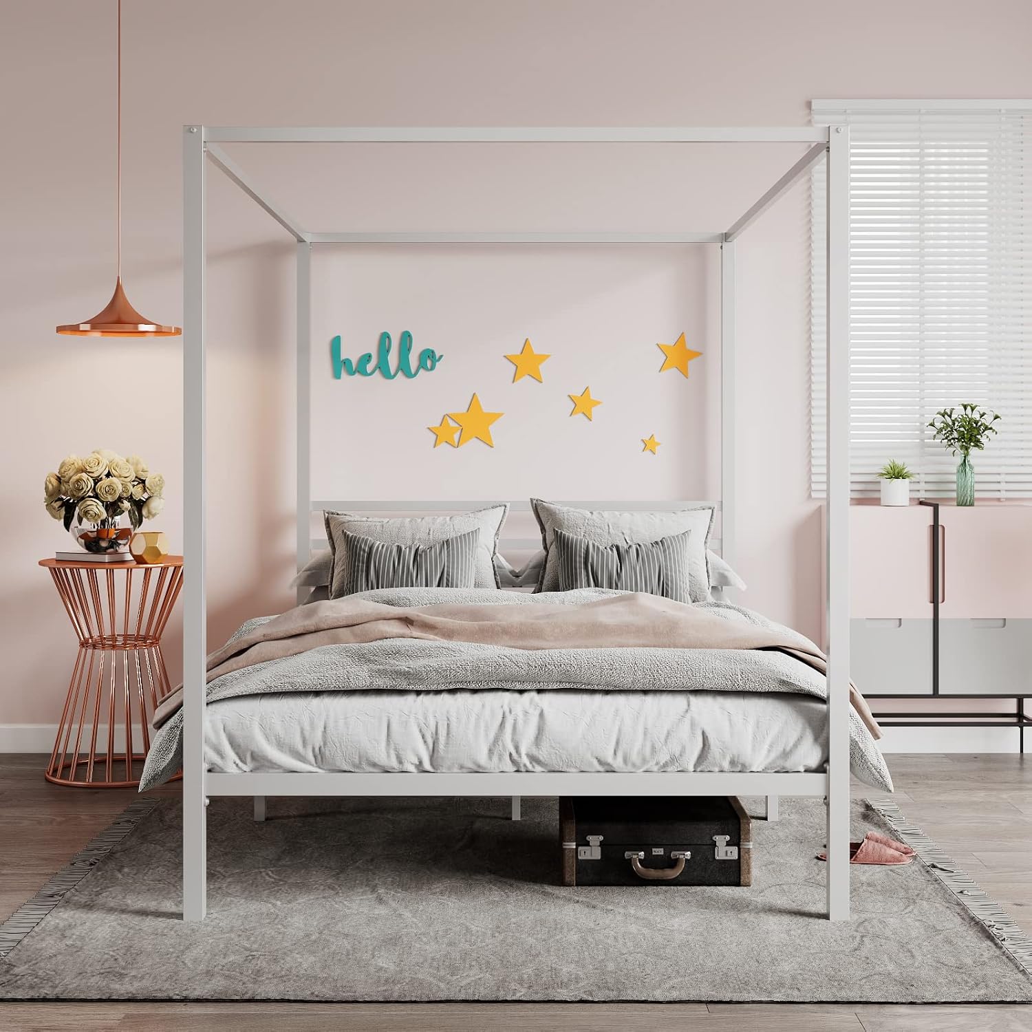 Queen White Metal Four Poster Canopy Bed Frame
