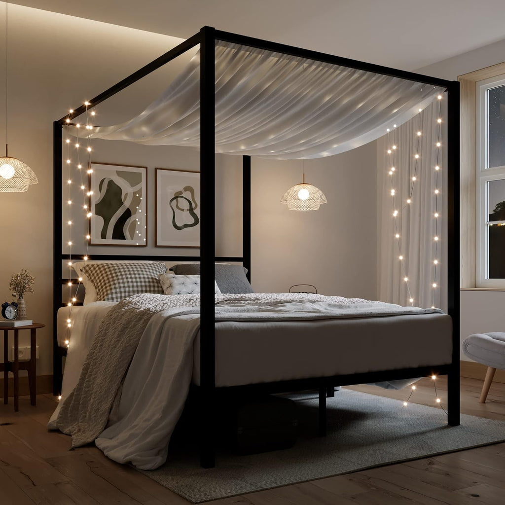 Queen Black Metal Four Poster Canopy Bed Frame