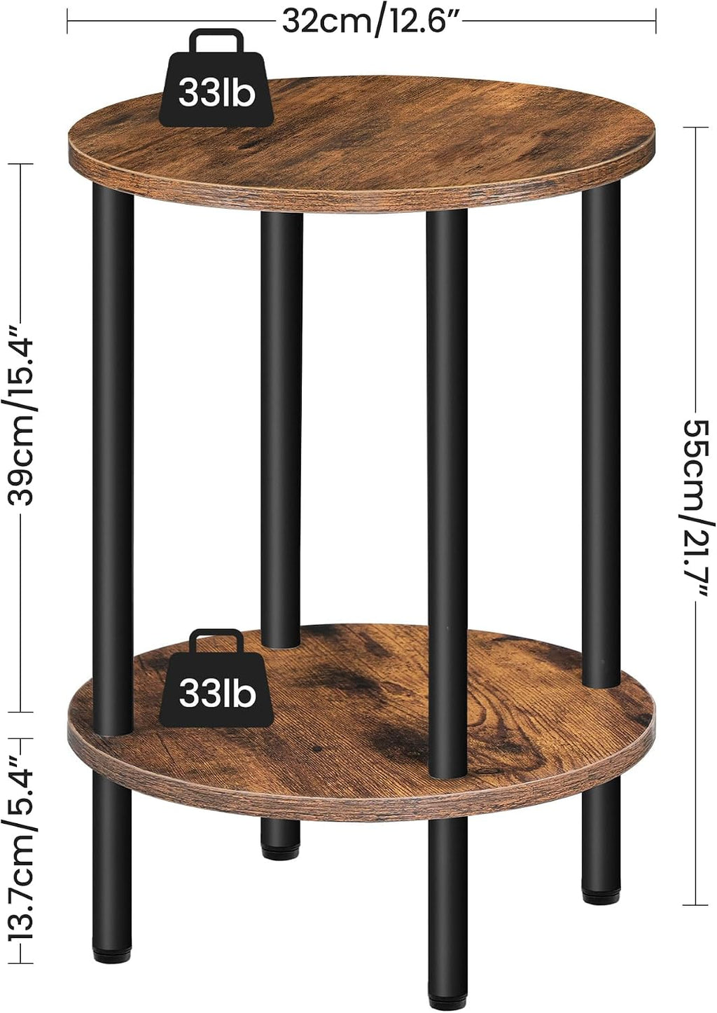 2-Tier Round Metal Frame Side Table Rustic Brown