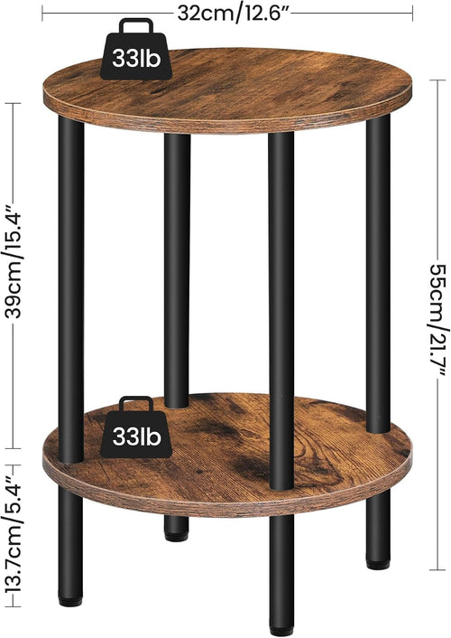 2-Tier Round Metal Frame Side Table Rustic Brown