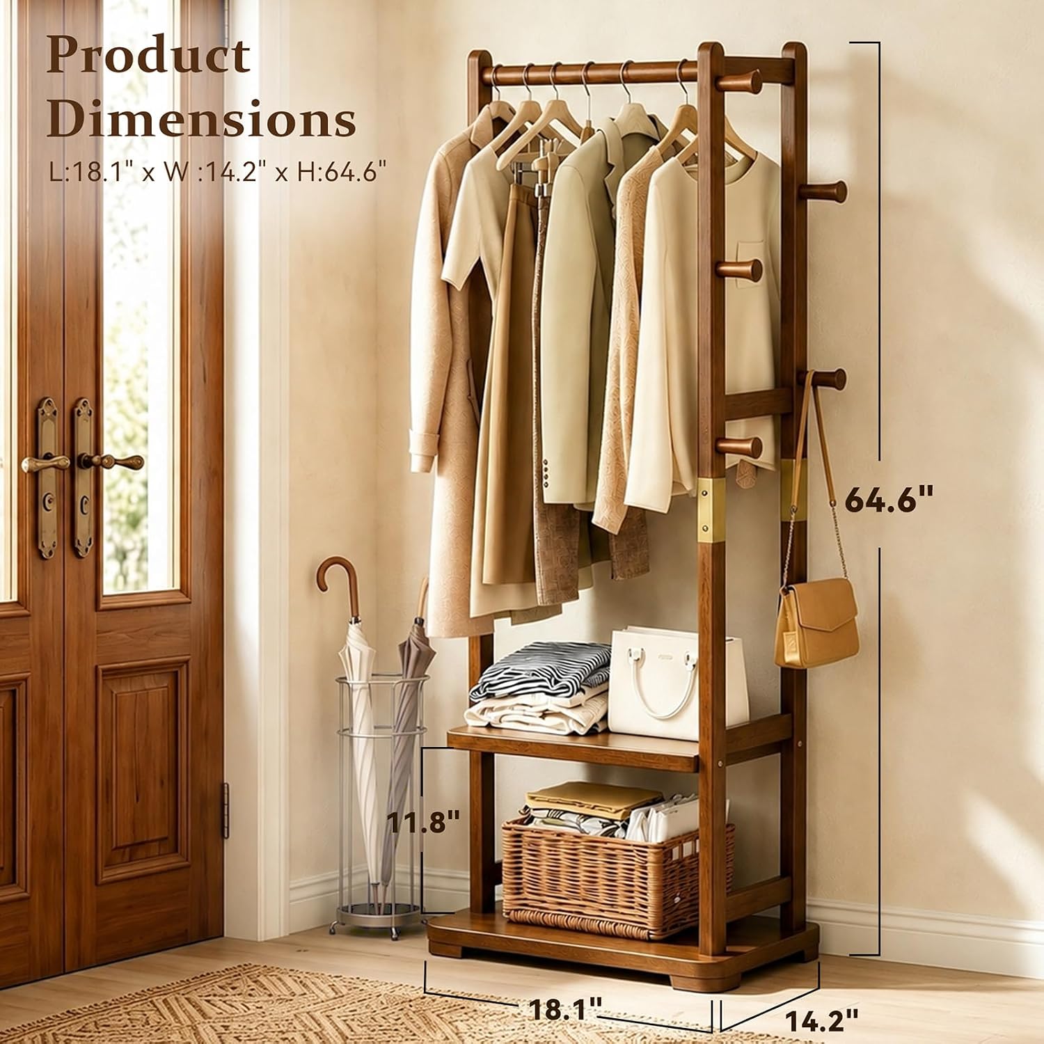 Wood Hall Tree Coat Rack with Shelves
