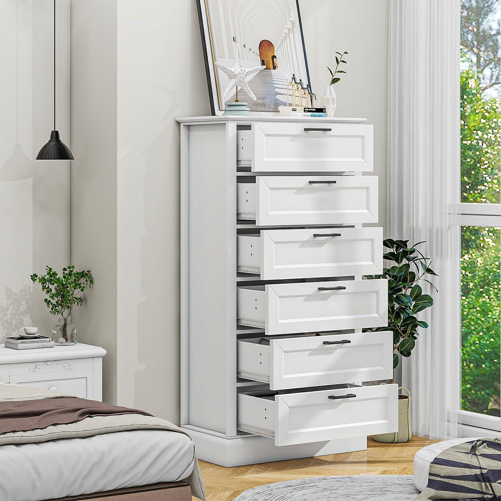 White 6-Drawer Tall Wooden Dresser