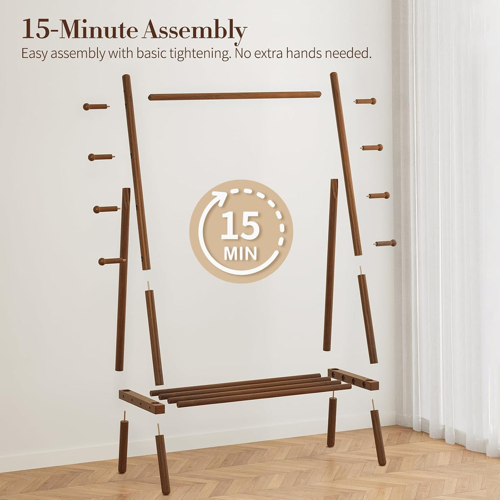 Wood Garment Rack with Hooks & Shelf