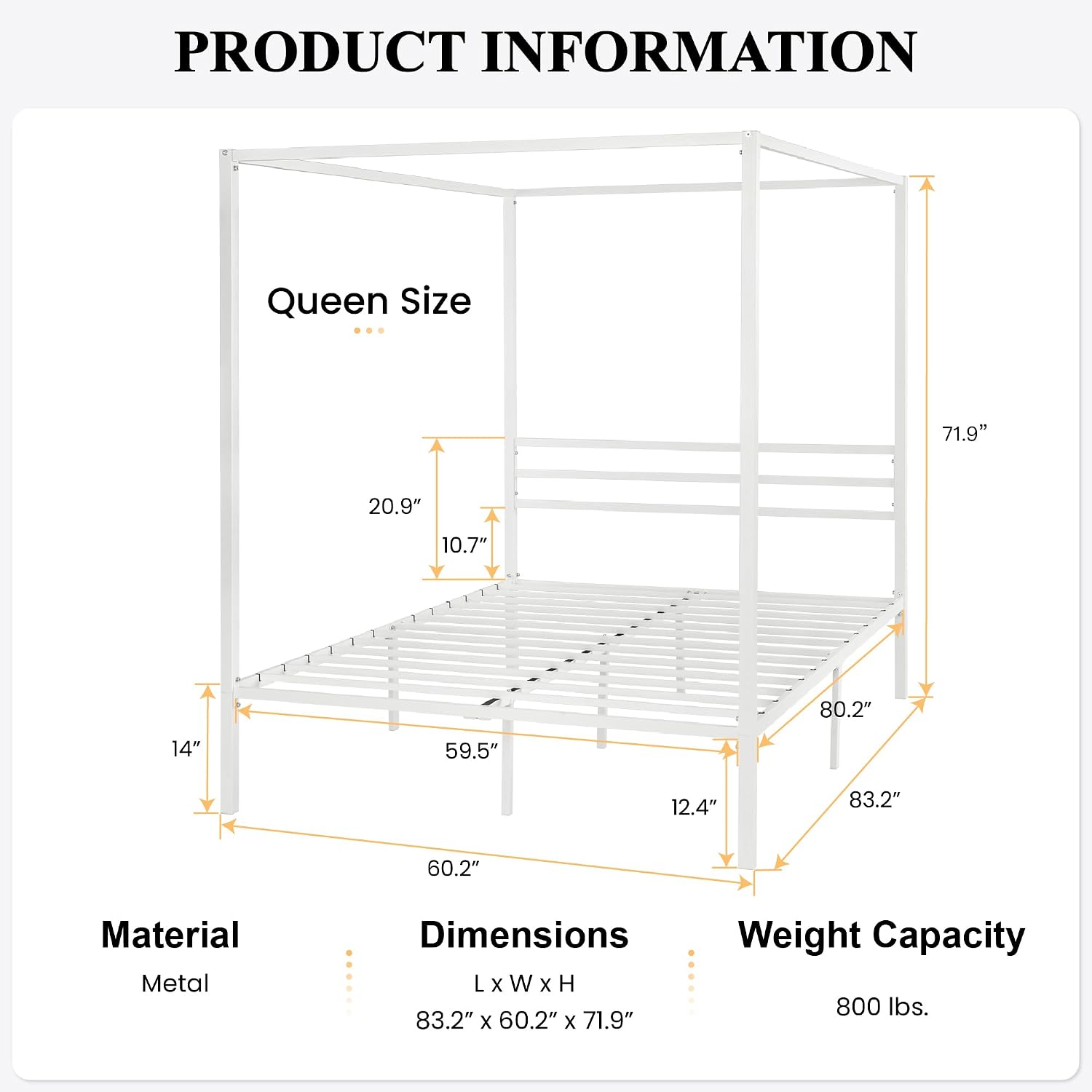 Queen White Metal Four Poster Canopy Bed Frame
