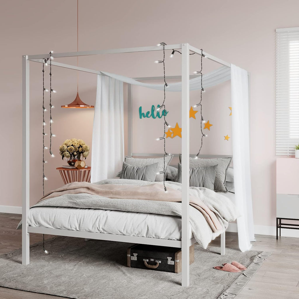 Queen White Metal Four Poster Canopy Bed Frame
