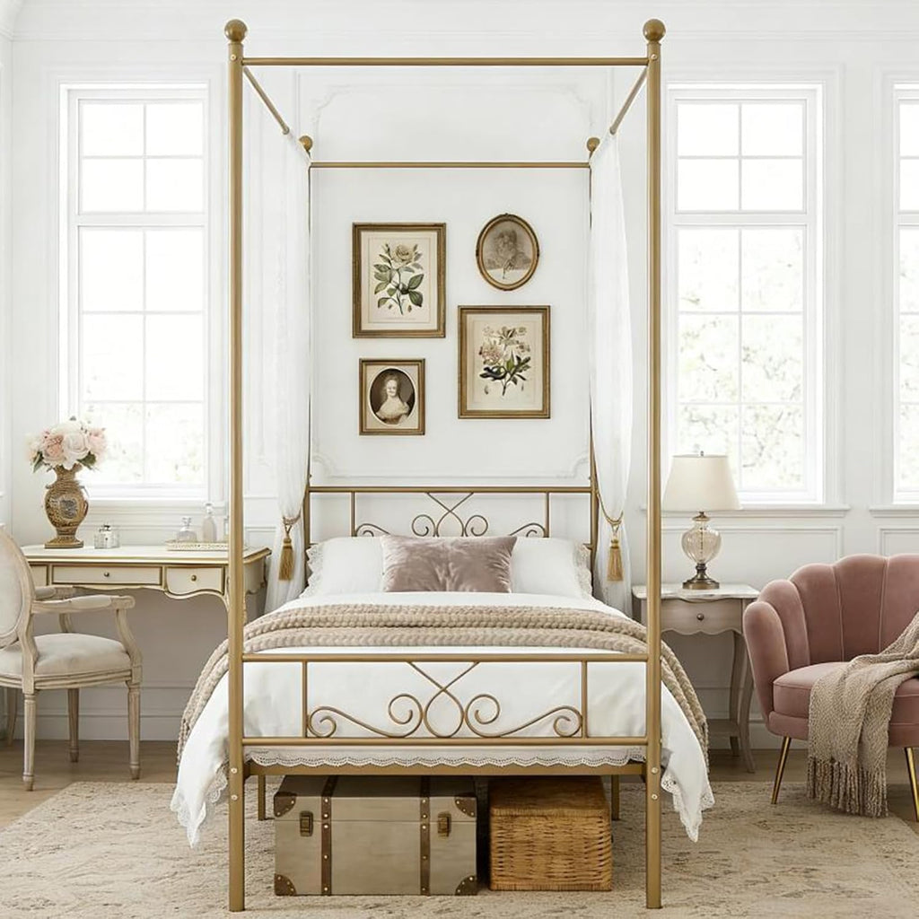 Twin Gold Metal Four Poster Canopy Bed Frame
