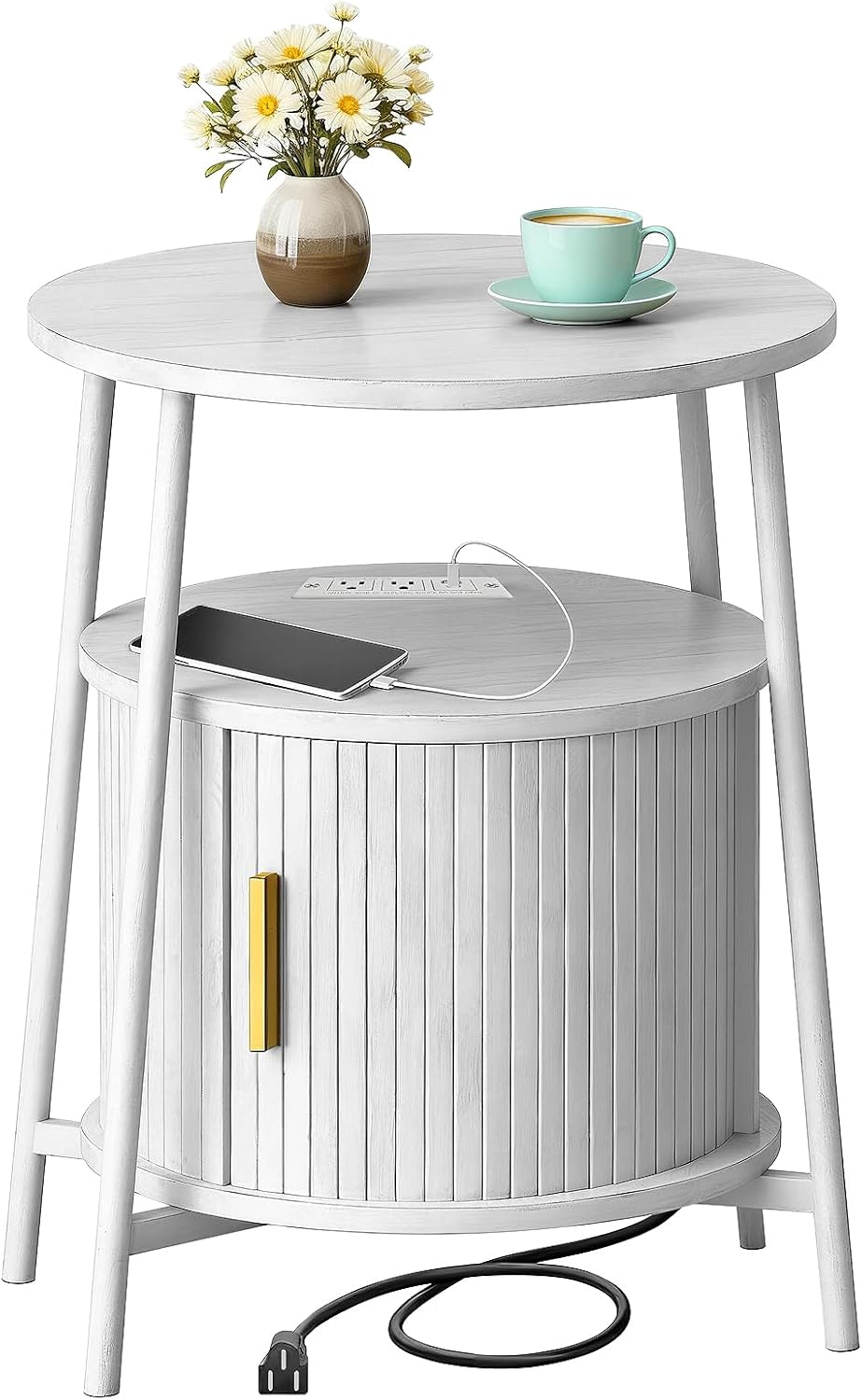 Fluted Round Side Table Sliding Door White