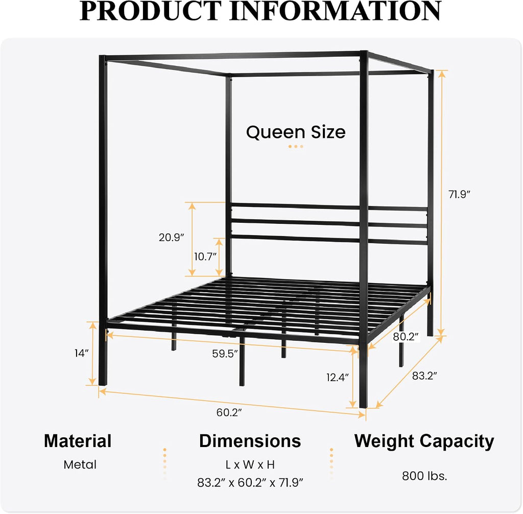 Queen Black Metal Four Poster Canopy Bed Frame