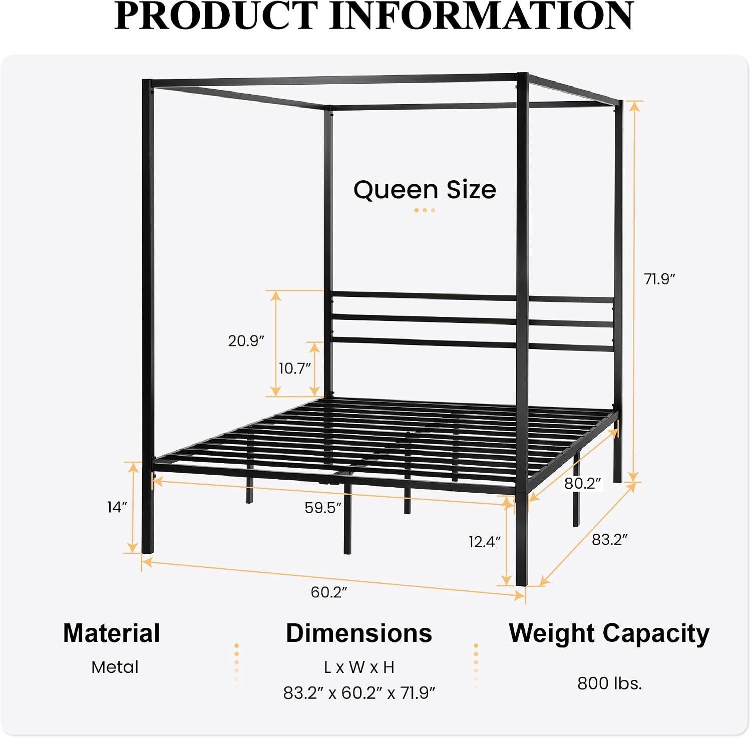 Queen Black Metal Four Poster Canopy Bed Frame