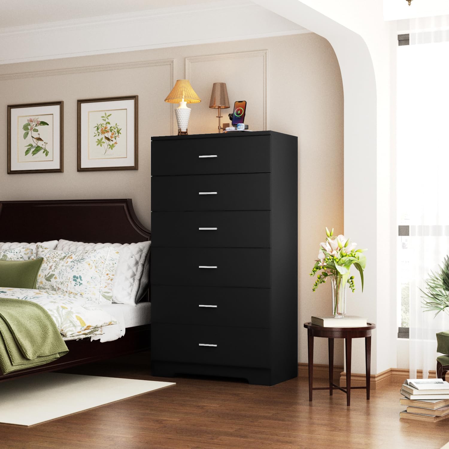 Black 6-Drawer Dresser with Power Outlets