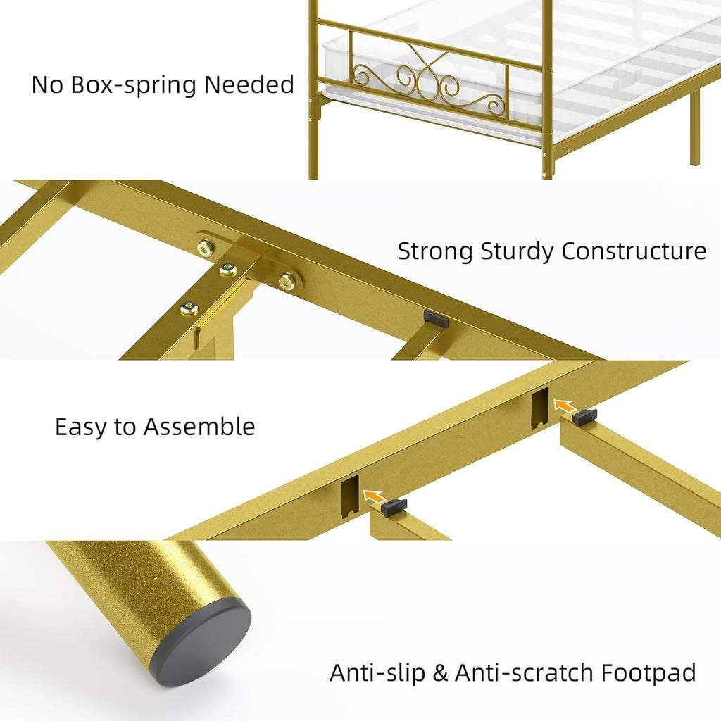 Twin Gold Metal Four Poster Canopy Bed Frame