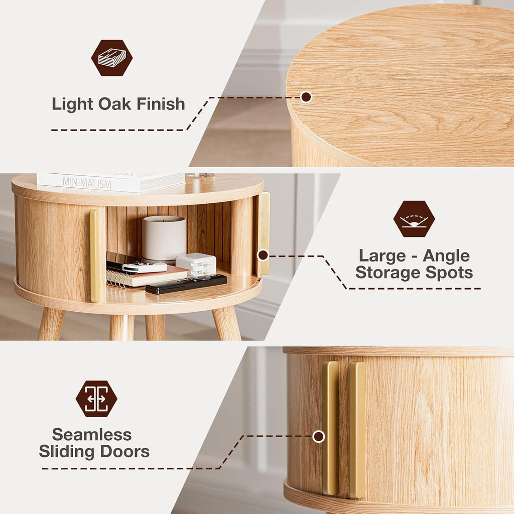 Round Side Table Sliding Doors Natural Wood
