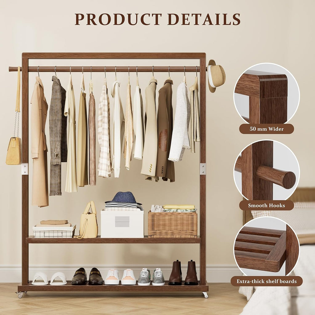 Wood Rolling Garment Rack Long Rod & Shelves