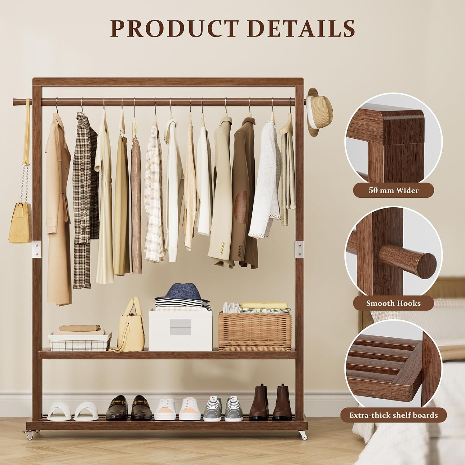 Wood Rolling Garment Rack Long Rod & Shelves