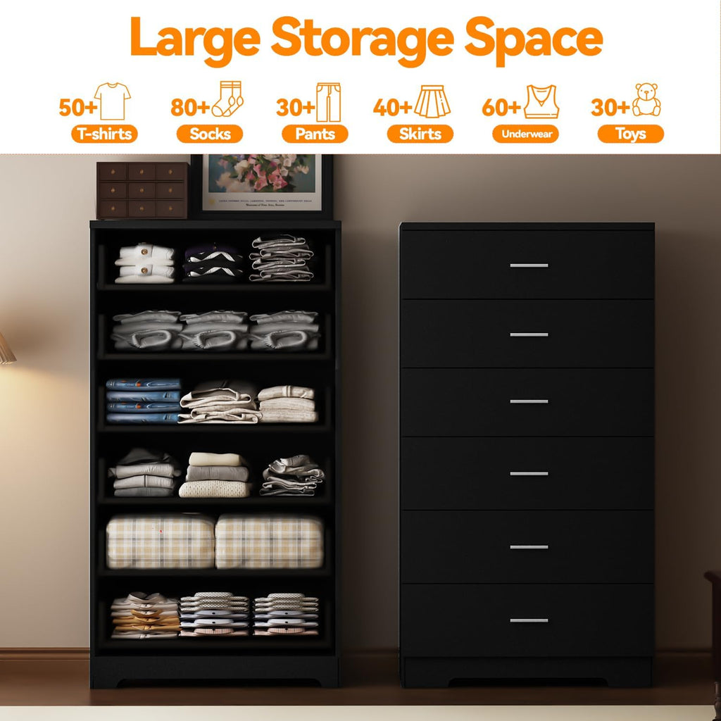 Black 6-Drawer Dresser with Power Outlets