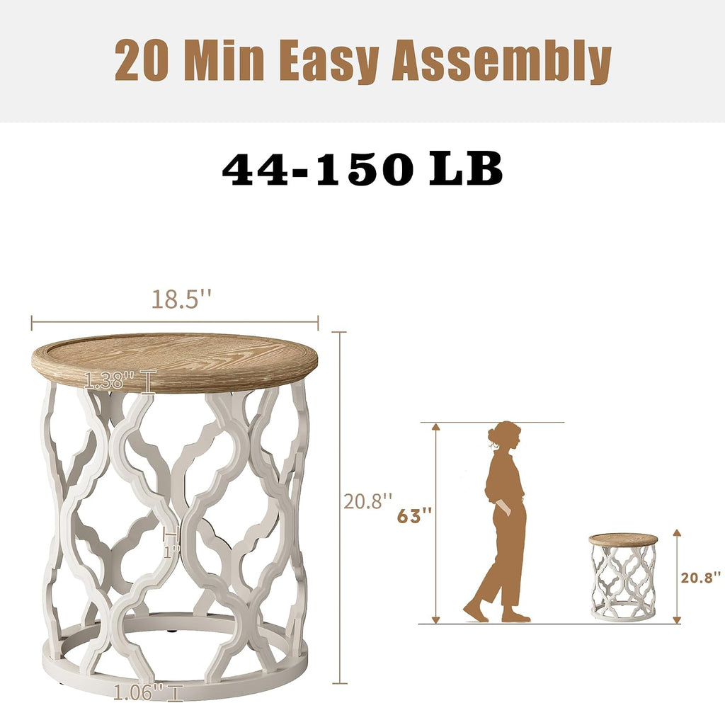 Farmhouse Round Tray Top Side Table Beige