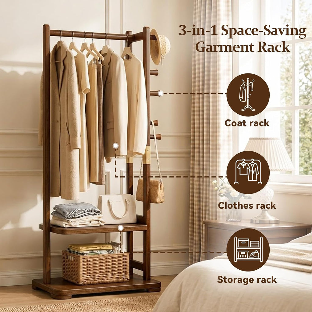 Wood Hall Tree Coat Rack with Shelves