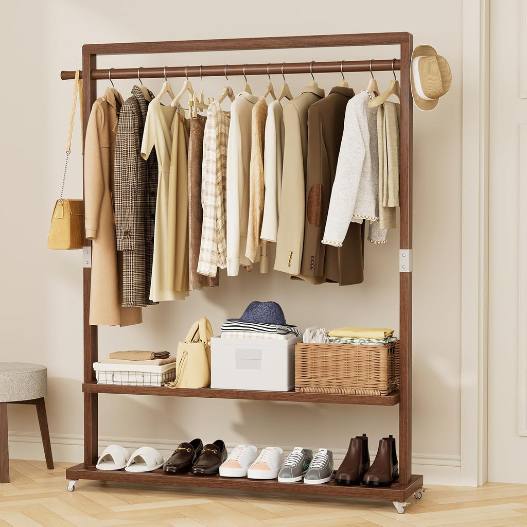 Wood Rolling Garment Rack Long Rod & Shelves