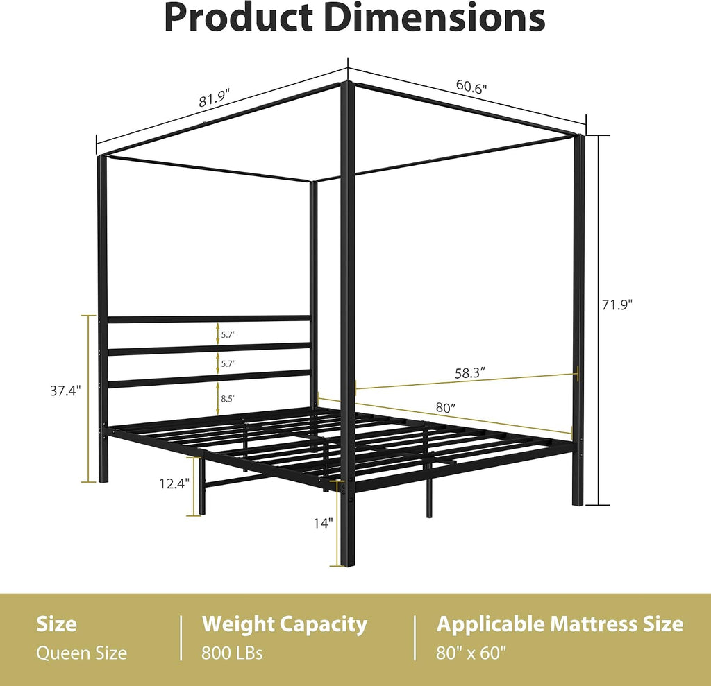 Queen Black Metal Canopy Bed Frame with Headboard