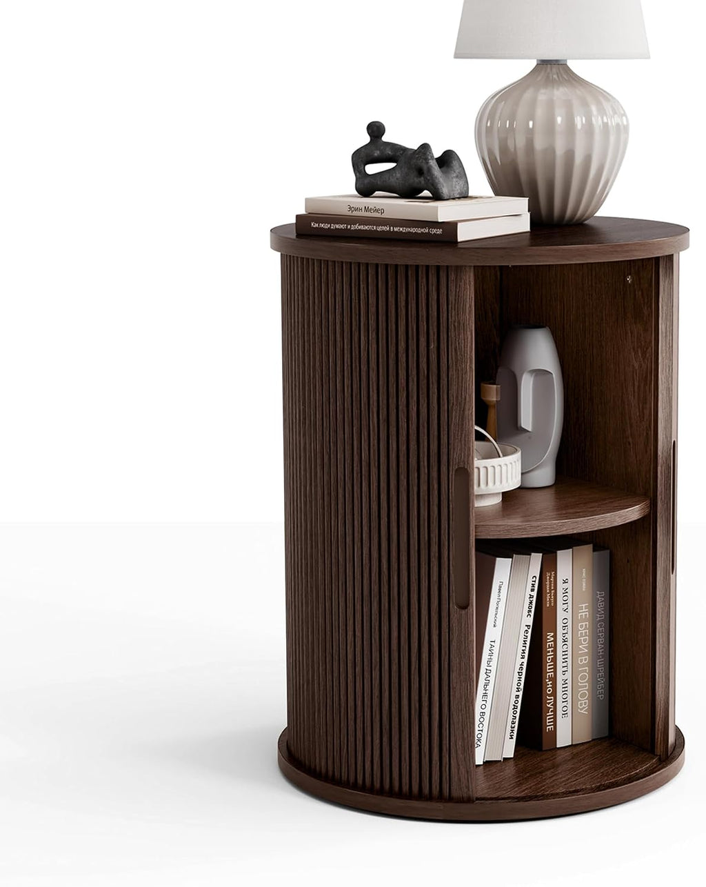 Fluted Round Side Table Tambour Door Dark Walnut