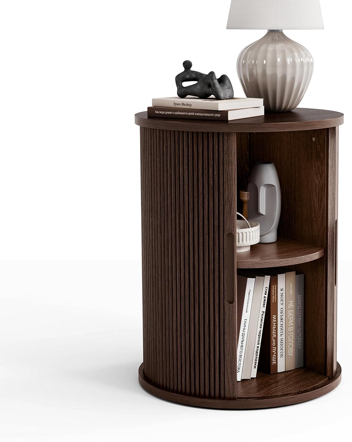 Fluted Round Side Table Tambour Door Dark Walnut